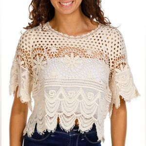 (B1) Rebellion Juniors Cream Ivory Crochet Boho Chic Knit Crop Top Blouse L